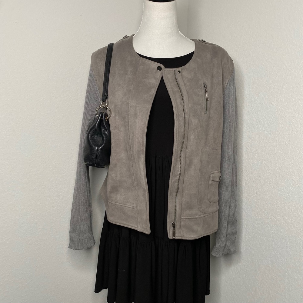 Misook Collection Faux Suede Ribbed Wool Sleeve Jacket Grey Size L Quiet Luxury‎